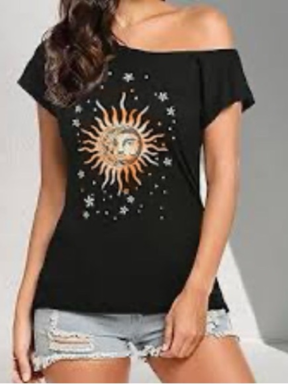 Off-Shoulder Black Sun and Stars Graphic Tee